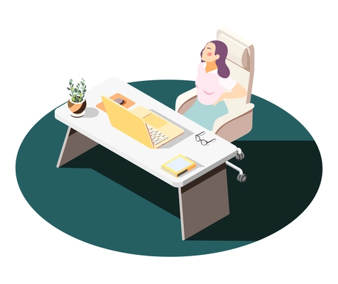 Woman having backache at her workplace in office because of sedentary lifestyle isometric composition 3d vector illustration