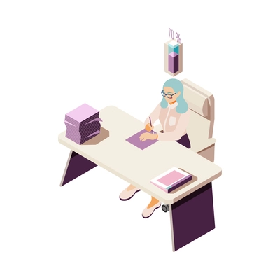 Effective management isometric concept with female office worker at her workplace 3d vector illustration
