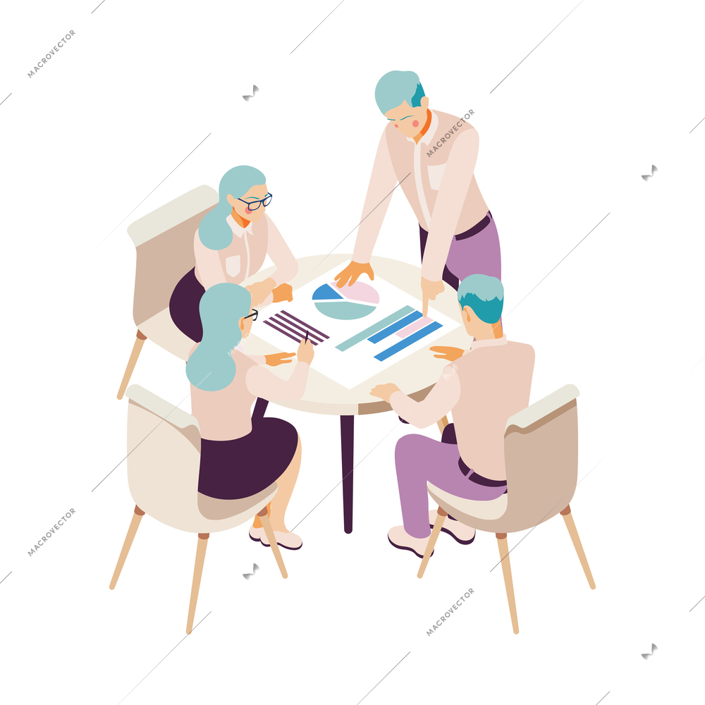 Isometric business teamwork concept with people planning strategy discussing financial charts in office 3d vector illustration