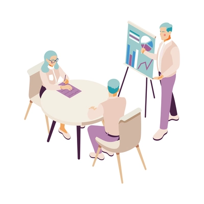 Business teamwork isometric concept with people working on strategy brainstorming in office 3d vector illustration