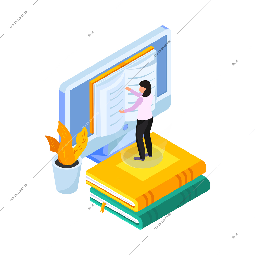 Online education icon with human charater reading electronic books on computer screen 3d isometric vector illustration