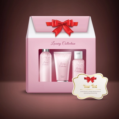 Pink cosmetic products set in gift box and ribbon card vector illustration