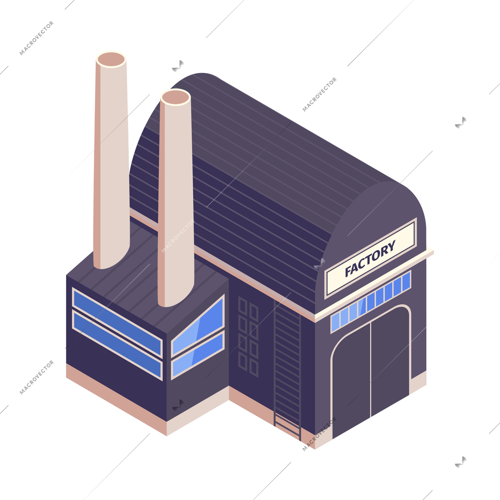 Isometric factory exterior industrial building with two chimneys 3d vector illustration