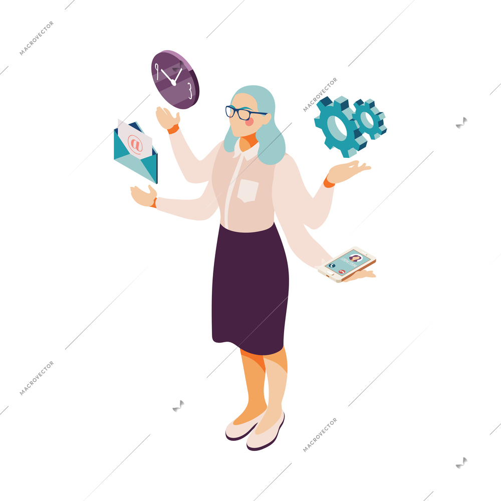 Effective time management multitasking isometric concept with female office worker and work icons 3d vector illustration