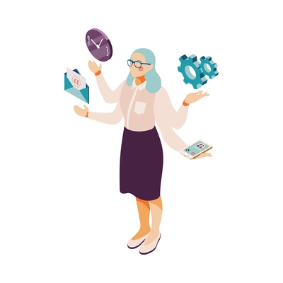 Effective time management multitasking isometric concept with female office worker and work icons 3d vector illustration