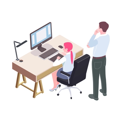 Isometric office staff with woman working at computer and man standing behind her back view 3d vector illustration