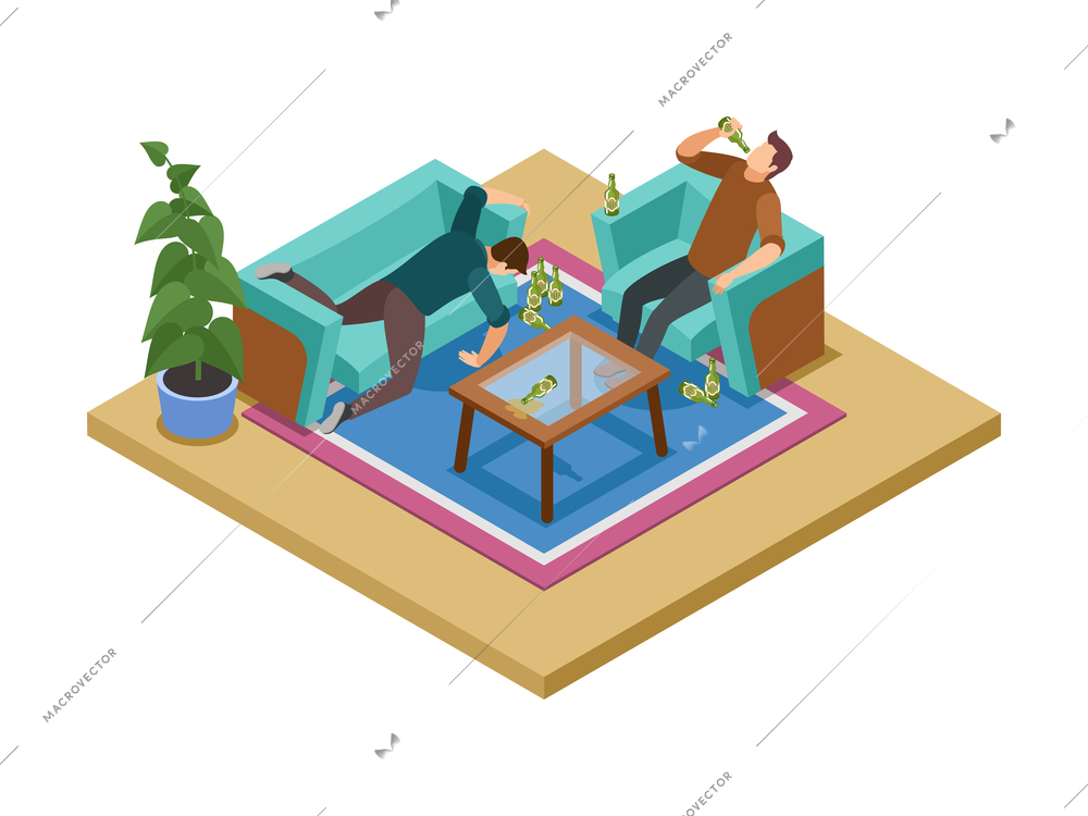 Alcoholism dependence concept composition with two drunk man at home 3d isometric vector illustration