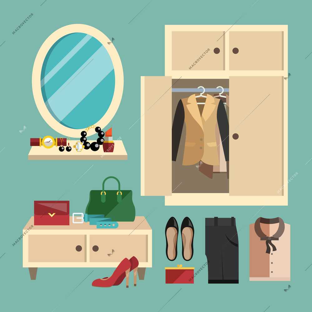Business woman clothes shoes and accessories decorative icons set in flat foyer vector illustration
