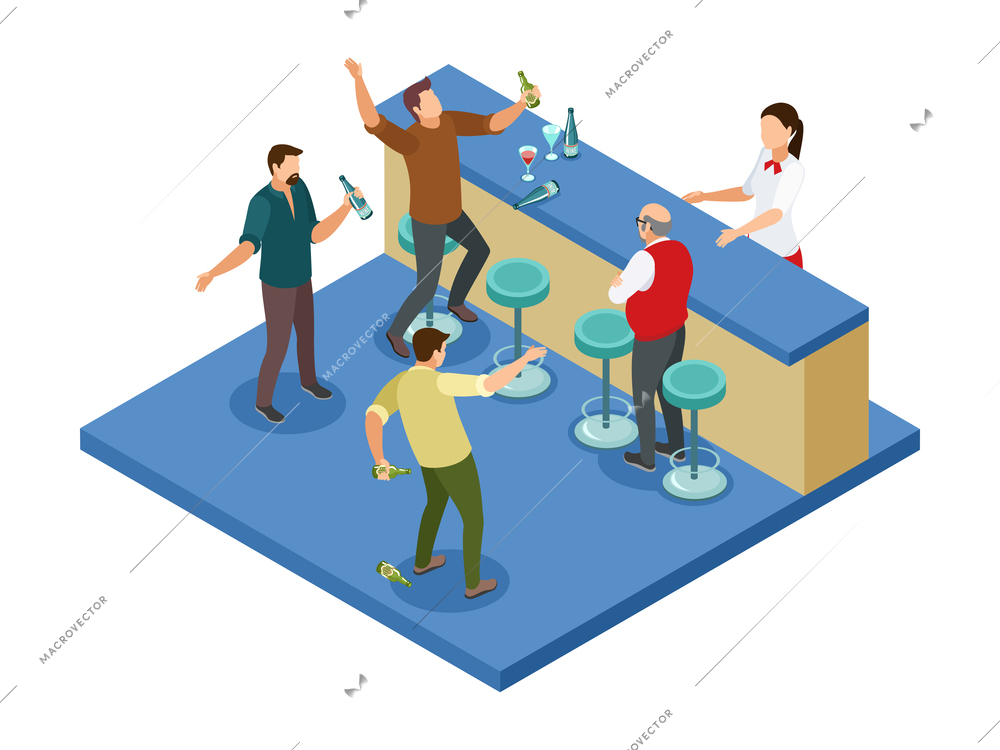 Alcoholism dependence isometric composition with drunk men going wild in bar 3d vector illustration