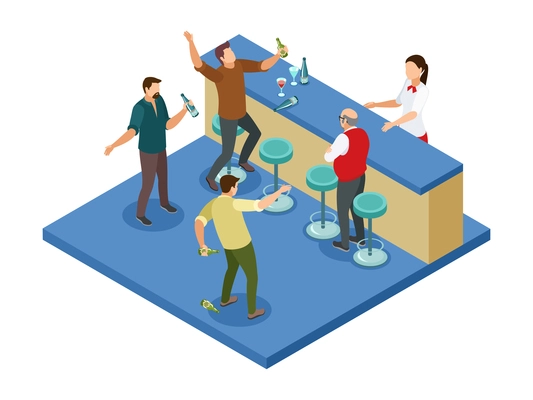 Alcoholism dependence isometric composition with drunk men going wild in bar 3d vector illustration