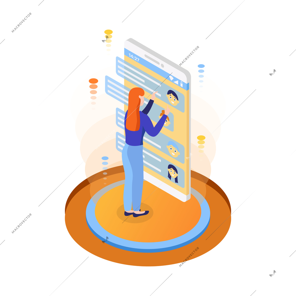 People and interface isometric icon with female character using smartphone 3d vector illustration