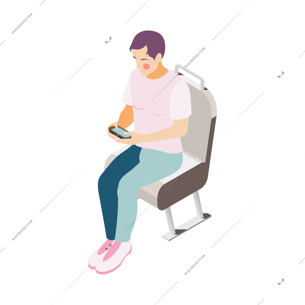 Gadget addiction concept with isometric woman using phone in public transport 3d vector illustration