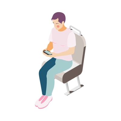 Gadget addiction concept with isometric woman using phone in public transport 3d vector illustration