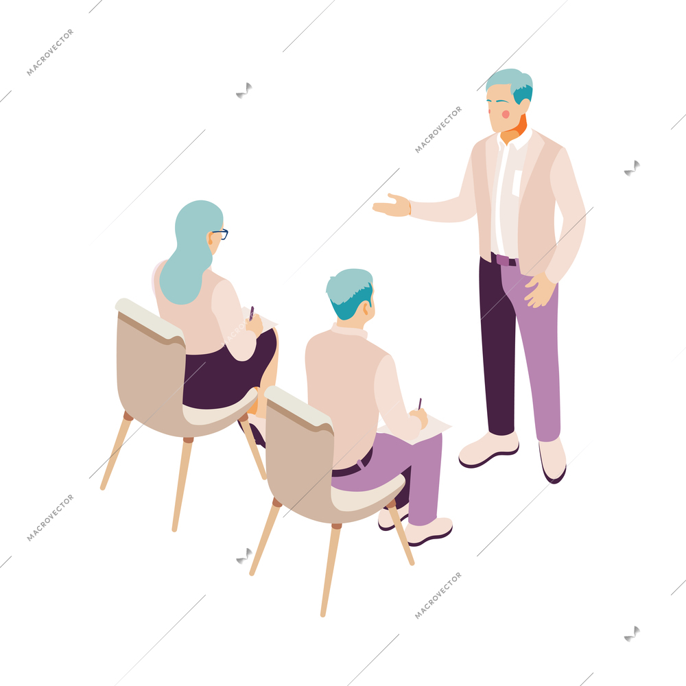 Isometric business meeting coworking teamwork icon with office staff 3d vector illustration