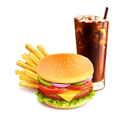 Hamburger french fries and cola realistic fast food icon isolated on white background vector illustration