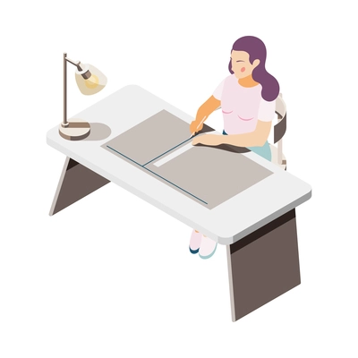 Isometric woman designer architect or engineer working in office 3d vector illustration