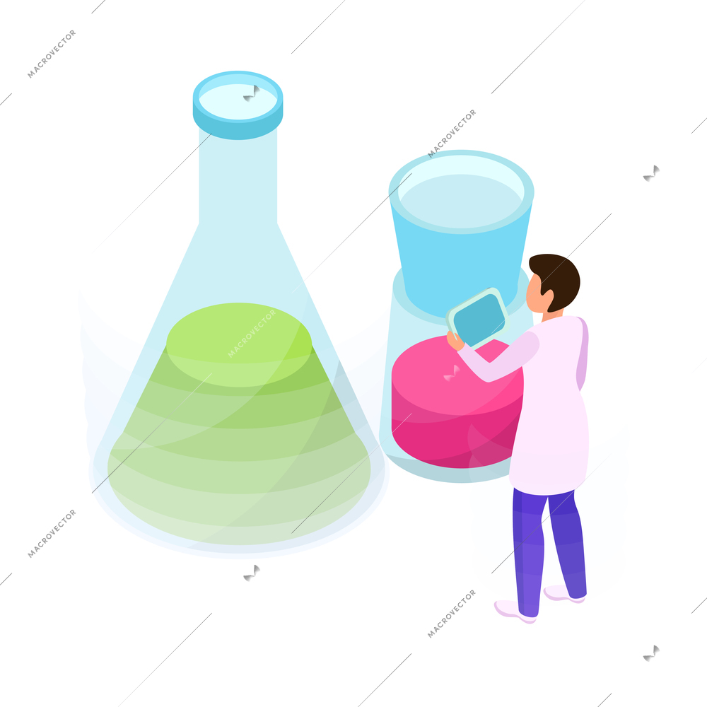 Isometric scientist carrying out science research with two flasks 3d vector illustration