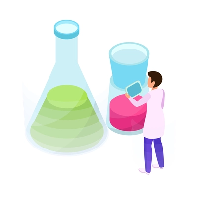 Isometric scientist carrying out science research with two flasks 3d vector illustration