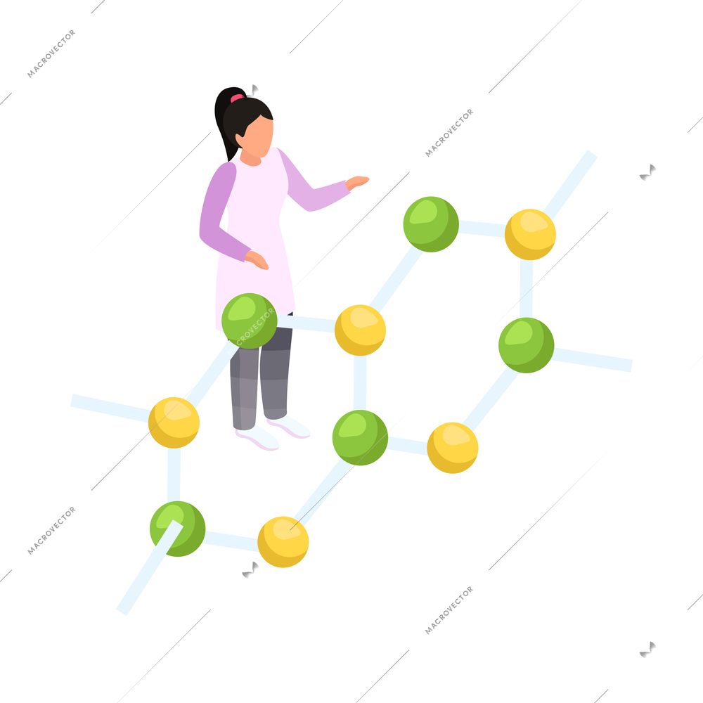 Isometric science research icon with female scientist and molecule structure 3d vector illustration