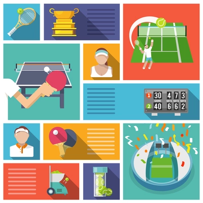 Tennis game sport competition players and equipment icons flat set isolated vector illustration