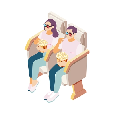 Two isometric people in 3d glasses watching movie in cinema and eating popcorn vector illustration