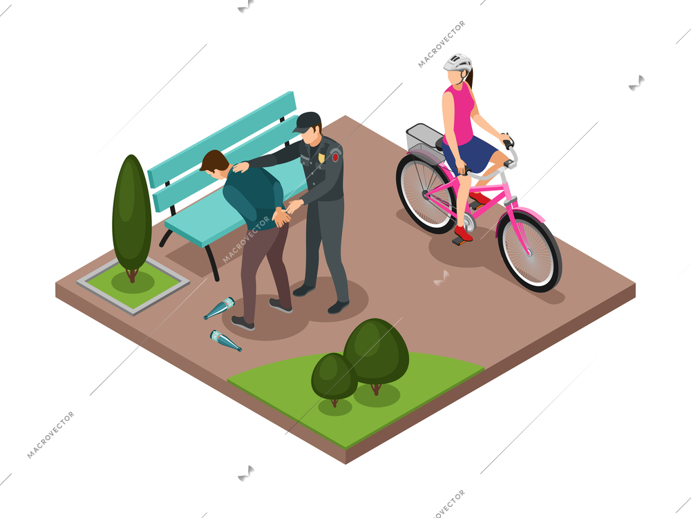 Alcoholism isometric composition with female cyclist looking at policeman arresting drunk man in park 3d vector illustration