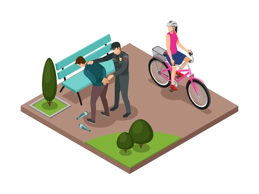 Alcoholism isometric composition with female cyclist looking at policeman arresting drunk man in park 3d vector illustration