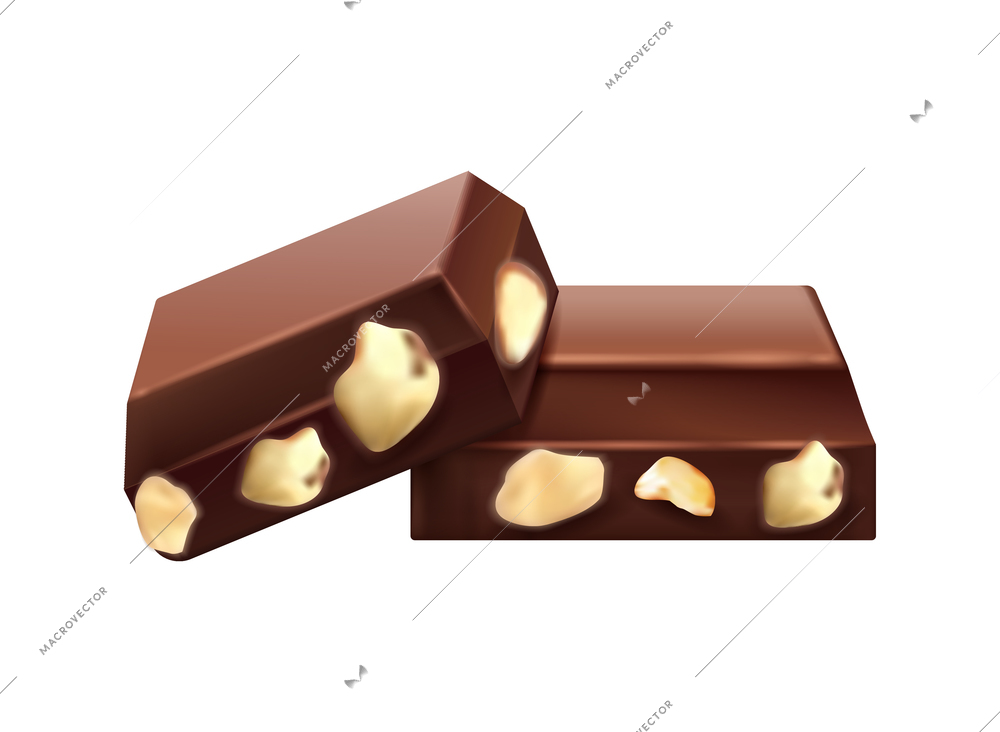 Three pieces of whole hazelnut chocolate on white background realistic vector illustration