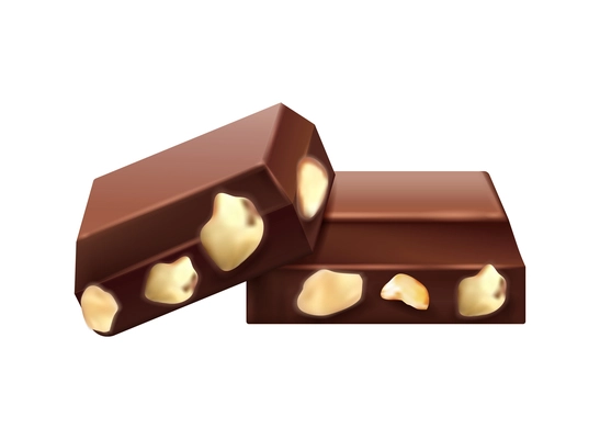 Three pieces of whole hazelnut chocolate on white background realistic vector illustration