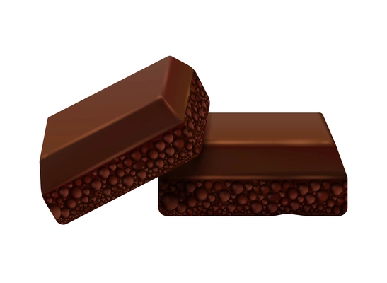 Dark bubbly chocolate pieces on white background realistic vector illustration