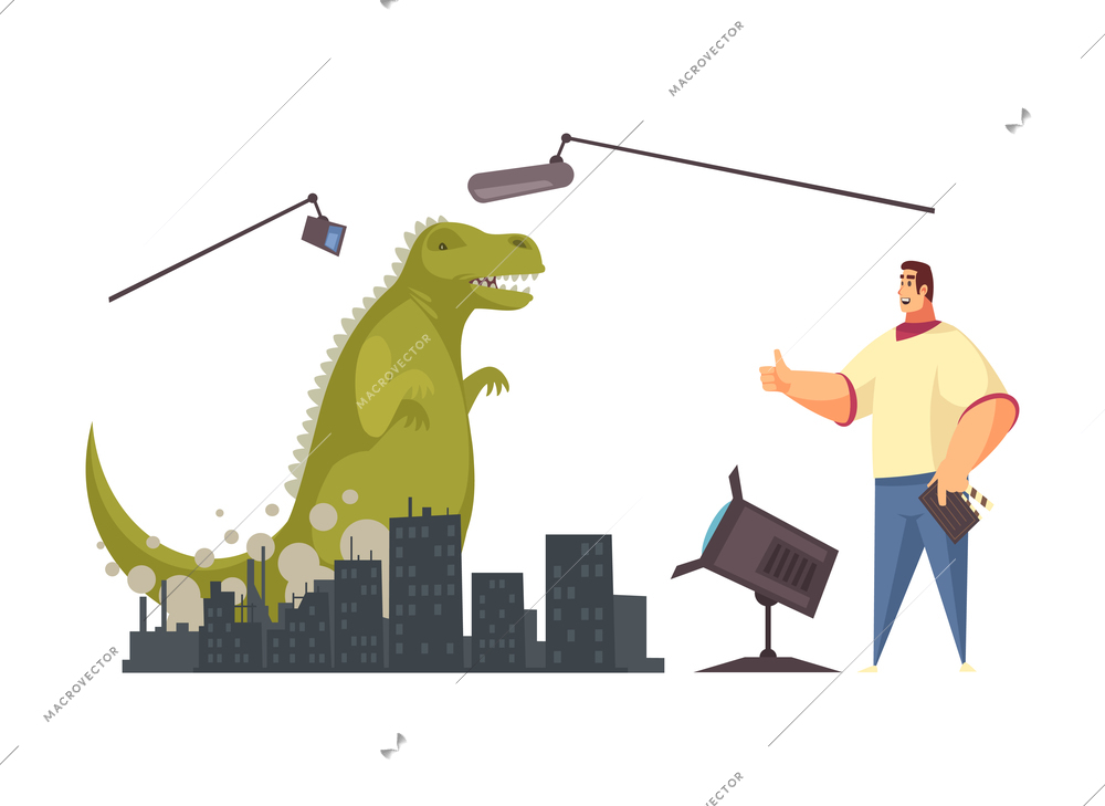 Cartoon film shooting scene with film director watching giant dinosaur walking along city vector illustration