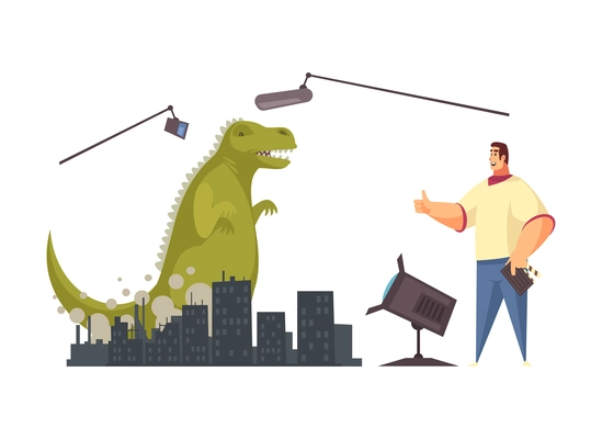 Cartoon film shooting scene with film director watching giant dinosaur walking along city vector illustration