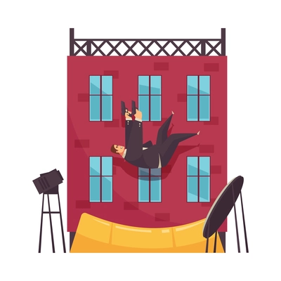 Action film shooting scene with stunt double falling off building with handguns cartoon vector illustration