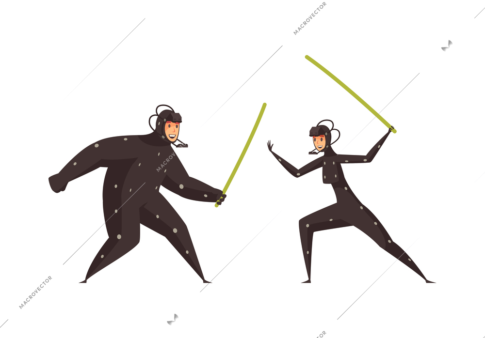 Cartoon film shooting scene with two actors fighting in special costumes vector illustration