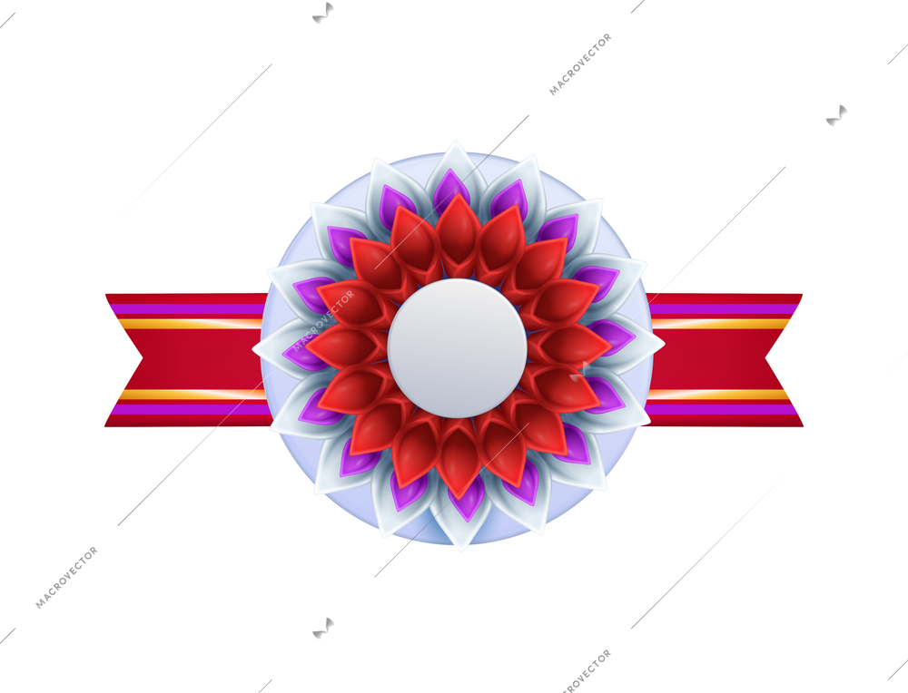 Award rosette with ribbon on white background realistic vector illustration