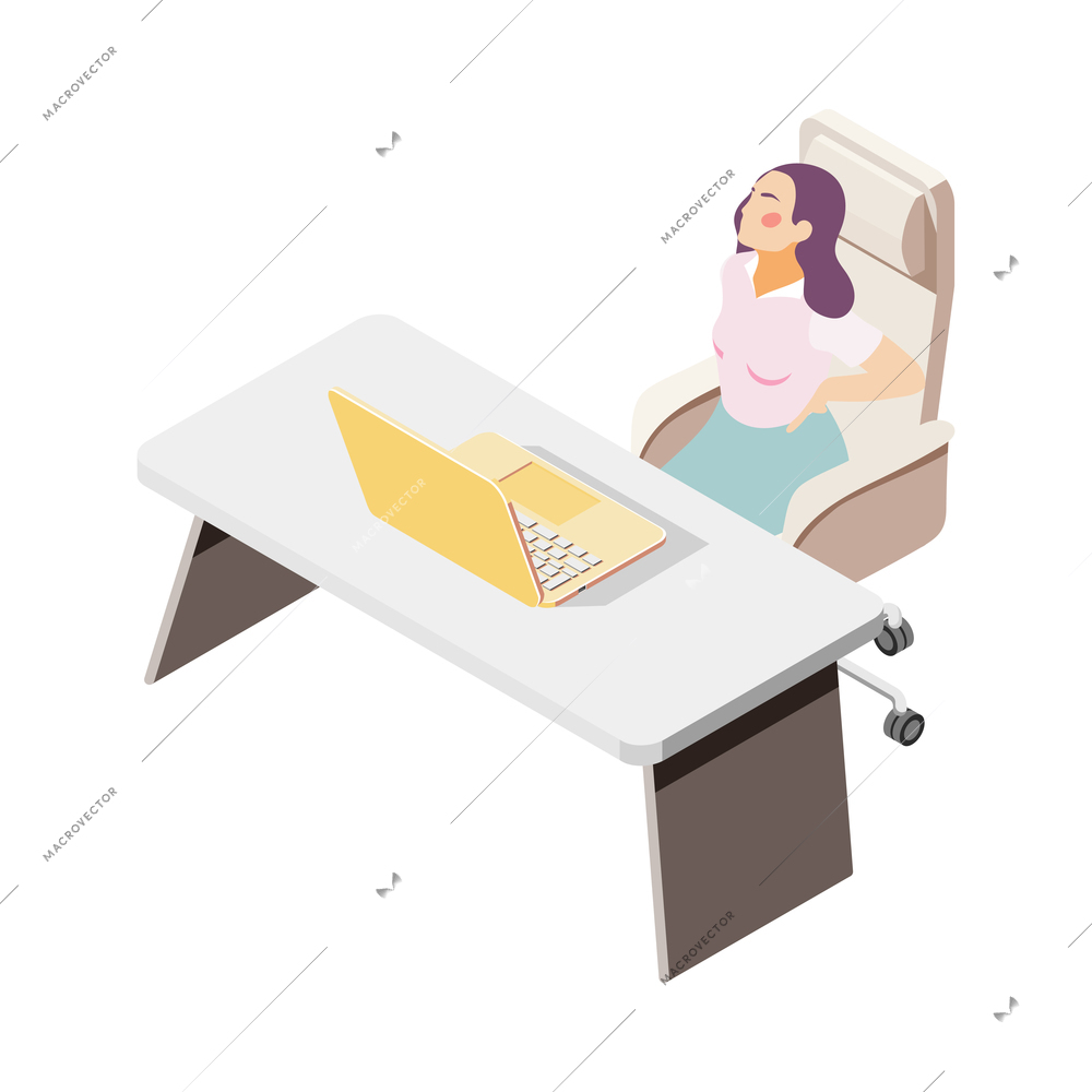 Sedentary lifestyle isometric icon with woman office worker having backache 3d vector illustration