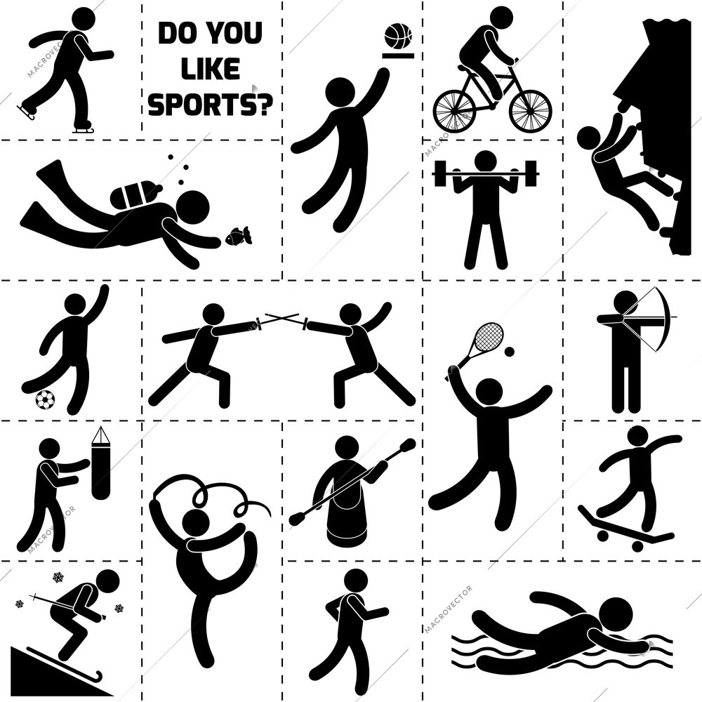 Sport icon black set with bike cycling diving rock climbing rowing isolated vector illustration