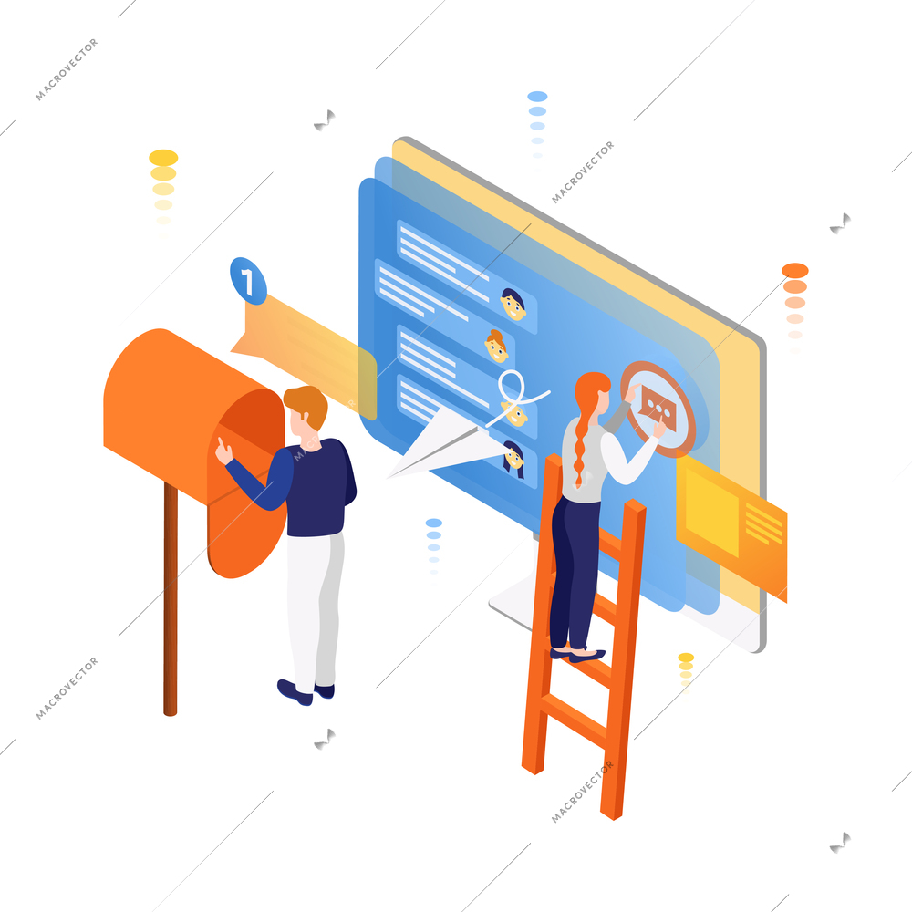 People and interfaces isometric icon with human characters interacting with screen 3d vector illustration