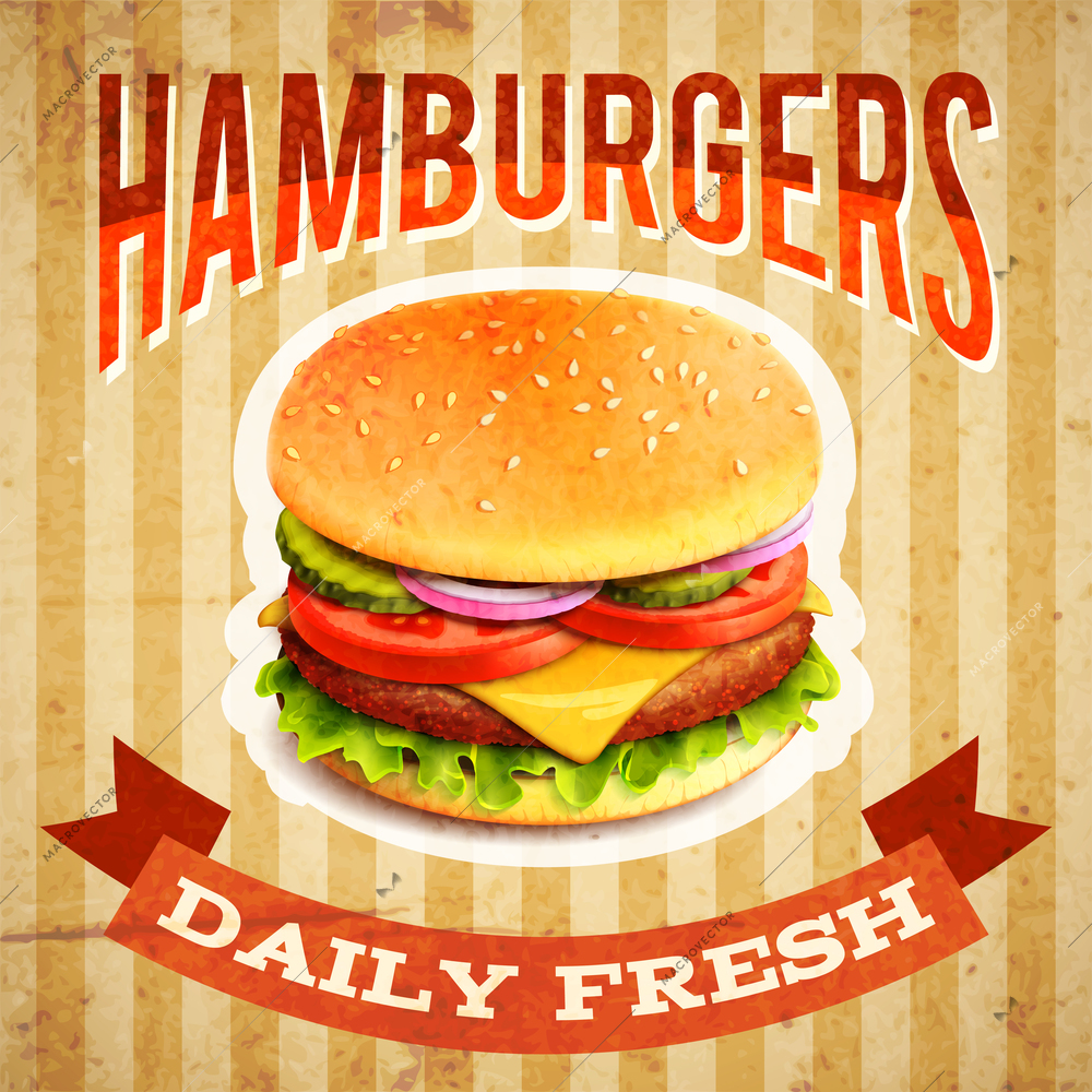 Fast food restaurant poster with beaf meat hamburger emblem vector illustration