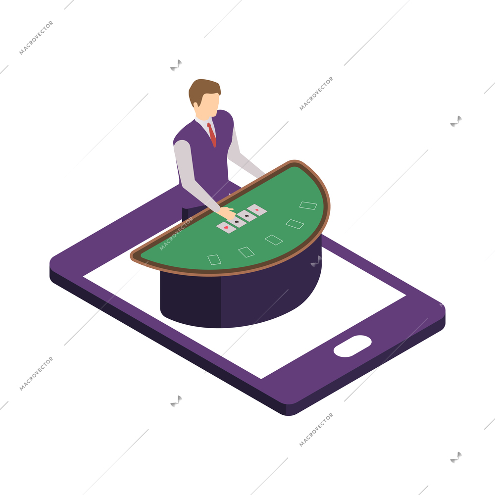 Online casino icon with croupier and table for poker on smartphone screen 3d isometric vector illustration