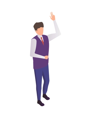 Isometric faceless male character of office worker or businessman with hand up 3d vector illustration