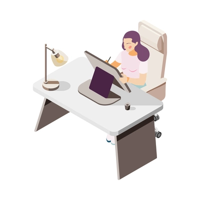 Isometric woman designer working on tablet in office 3d vector illustration