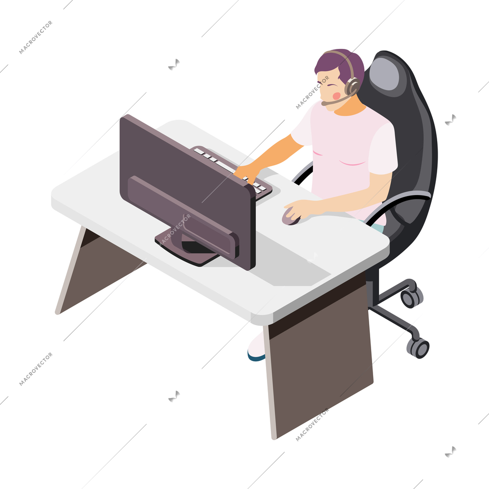 Isometric call center worker at his workplace in office 3d vector illustration