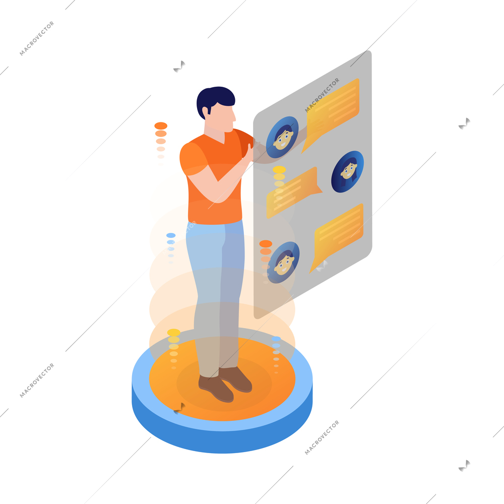 Isometric man using interactive screen chatting with friends 3d vector illustration