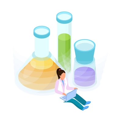 Science research concept with three glass flasks and female scientist working on computer in laboratory 3d isometric vector illustration