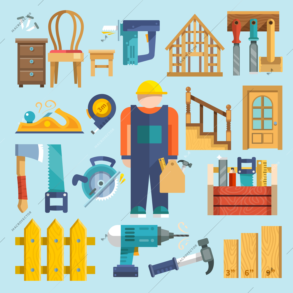 Carpentry industry icons flat set with toolbox hammer work kit isolated vector illustration