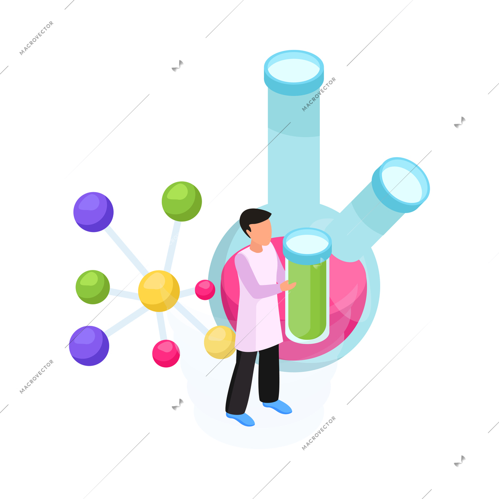 Science research isometric icon with scientist laboratory glassware molecule 3d vector illustration