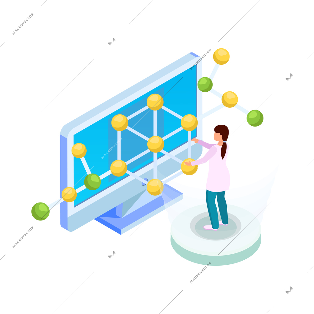 Science research icon with isometric character of scientist computer and molecule structure 3d vector illustration