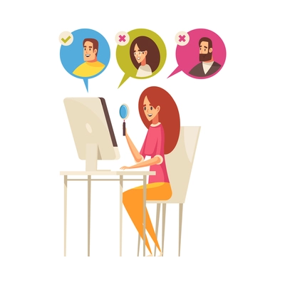 Cartoon female recruiter searching for applicants online vector illustration