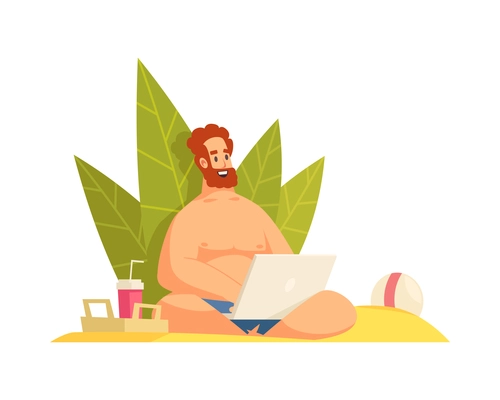 Happy man freelancer working on laptop while relaxing on sandy beach cartoon vector illustration